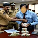 CBI officer in formal attire is seen arresting a middle-aged man, a panel advocate, caught red-handed with a bundle of cash, amounting to ₹1.70 lakh, in his hand.